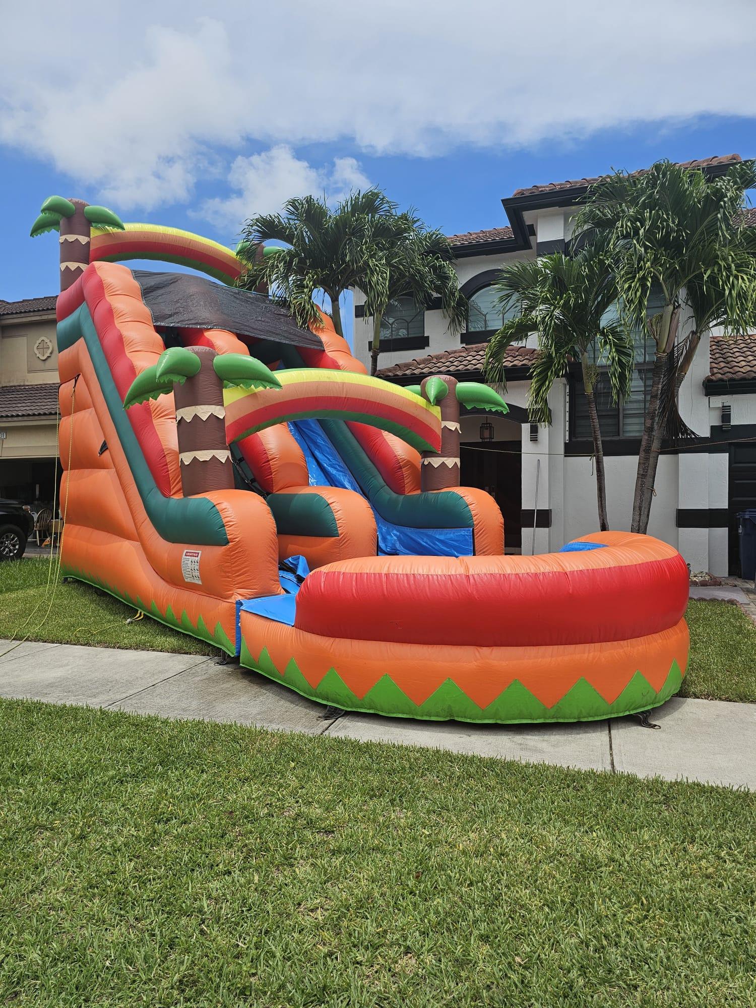 Giant 20ft Tropical Orange Water Slide with Dual Humps and Splash Pool