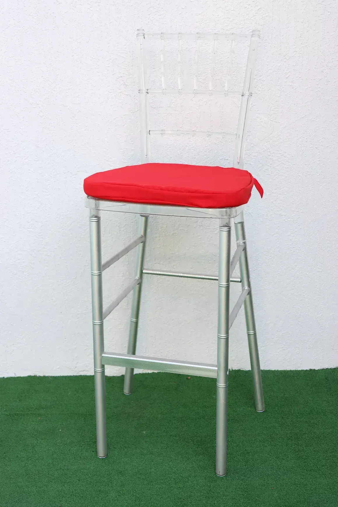 Clear Chiavari Bar Stool with Red Cushion